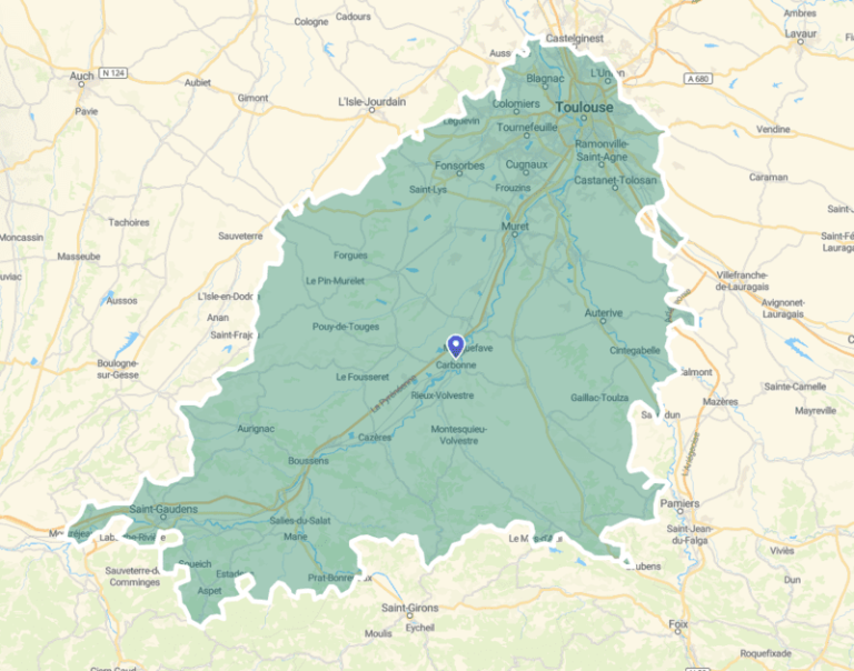 carte de la zone de chalandise de Zingueur du Mat': Sud Toulouse, Muret, Carbonne, Saint Gaudens